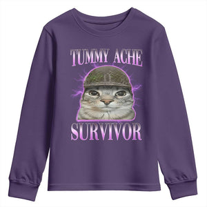 Tummy Ache Survivor Cat Meme Youth Sweatshirt Funny Trending Oddly Specific Brainrot Memes TS10 Purple Print Your Wear