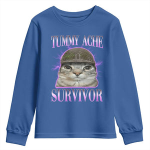 Tummy Ache Survivor Cat Meme Youth Sweatshirt Funny Trending Oddly Specific Brainrot Memes TS10 Royal Blue Print Your Wear