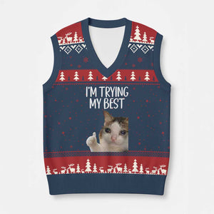 Im Trying My Best Funny Crying Cat Meme V-Neck Knit Sweater Vest TS10 Navy Red Print Your Wear