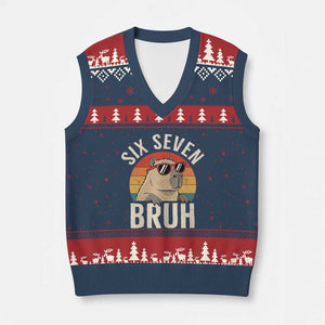 Six Seven Bruh 67 Meme Funny Capybara V-Neck Knit Sweater Vest TS10 Navy Red Print Your Wear