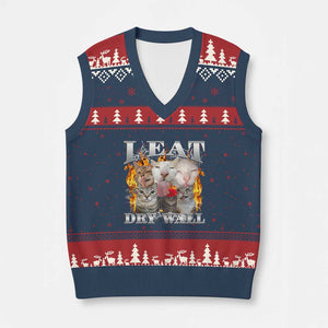 Funny Cat Meme Bootleg Graphic V-Neck Knit Sweater Vest I Eat Drywall Funny Weird Cursed Internet Memes TS10 Navy Red Print Your Wear