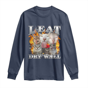 Funny Cat Meme Bootleg Graphic Long Sleeve Shirt I Eat Drywall Funny Weird Cursed Internet Memes TS10 Navy Print Your Wear