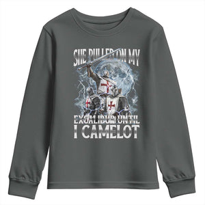 Funny Offensive Knight Meme Youth Sweatshirt She Pulled On My Excalibur Bootleg TS10 Dark Heather Print Your Wear