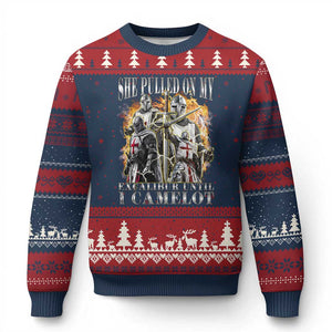 Funny Knight Meme Ugly Christmas Sweater She Pulled On My Excalibur Offensive Medieval Warrior Bootleg TS10 Navy Red Print Your Wear