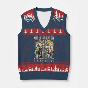 Funny Knight Meme V-Neck Knit Sweater Vest She Pulled On My Excalibur Offensive Medieval Warrior Bootleg TS10 Navy Red Print Your Wear