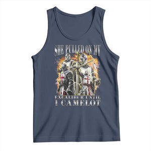 Funny Knight Meme Tank Top She Pulled On My Excalibur Offensive Medieval Warrior Bootleg TS10 Navy Print Your Wear