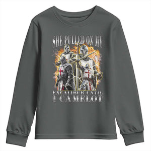 Funny Knight Meme Youth Sweatshirt She Pulled On My Excalibur Offensive Medieval Warrior Bootleg TS10 Dark Heather Print Your Wear