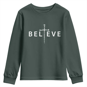 Cross Christian Religious Believe Blessed Faith Graphic Youth Sweatshirt TS10 Dark Forest Green Print Your Wear