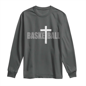 Christian Basketball Cross Long Sleeve Shirt Vintage Minimal Religious Faith TS10 Dark Heather Print Your Wear