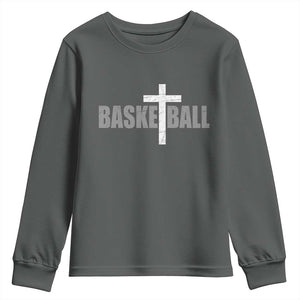 Christian Basketball Cross Youth Sweatshirt Vintage Minimal Religious Faith TS10 Dark Heather Print Your Wear