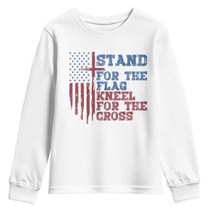 Stand For The Flag Kneel For The Cross Youth Sweatshirt Cross US Flag American Patriotic Christian Faith 4th of July TS10 White Print Your Wear