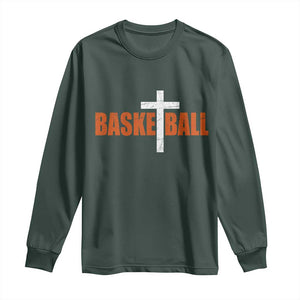 Christian Basketball Cross Long Sleeve Shirt Retro Vintage Minimal Religious Faith TS10 Dark Forest Green Print Your Wear