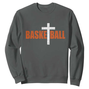 Christian Basketball Cross Sweatshirt Retro Vintage Minimal Religious Faith TS10 Dark Heather Print Your Wear