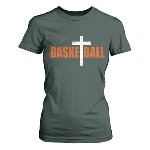 Christian Basketball Cross T Shirt For Women Retro Vintage Minimal Religious Faith TS10 Dark Forest Green Print Your Wear
