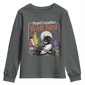 Stupid Canadian Wolf Bird Youth Sweatshirt Retro Romance Hockey LGBT Book Movie Fans TS10 Dark Heather Print Your Wear