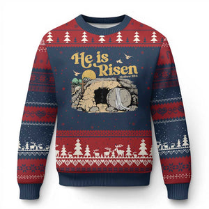 He Is Risen Ugly Christmas Sweater Retro Vintage Easter Jesus Christian Apparel TS10 Navy Red Print Your Wear