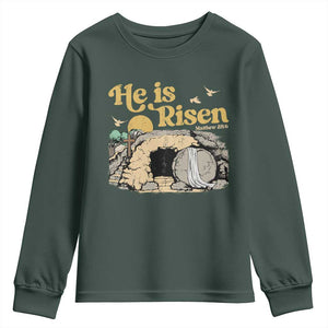 He Is Risen Youth Sweatshirt Retro Vintage Easter Jesus Christian Apparel TS10 Dark Forest Green Print Your Wear