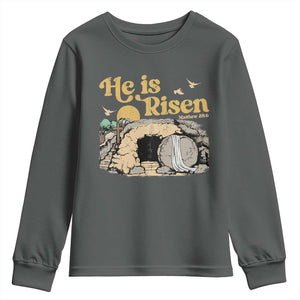 He Is Risen Youth Sweatshirt Retro Vintage Easter Jesus Christian Apparel TS10 Dark Heather Print Your Wear