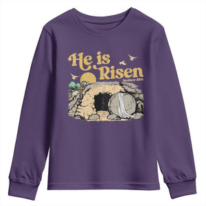He Is Risen Youth Sweatshirt Retro Vintage Easter Jesus Christian Apparel TS10 Purple Print Your Wear