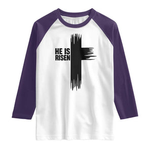 He Is Risen Raglan Shirt Christian Easter Cross TS10 White Purple Print Your Wear