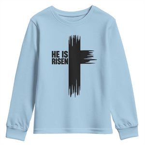 He Is Risen Youth Sweatshirt Christian Easter Cross TS10 Light Blue Print Your Wear