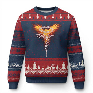 He Is Risen Ugly Christmas Sweater Jesus Resurrection Easter Christian Cross Phoenix Rising TS10 Navy Red Print Your Wear