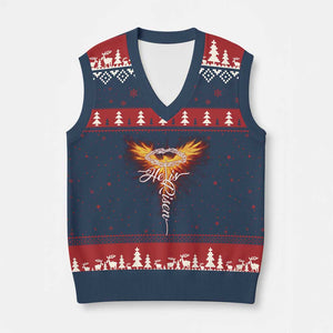 He Is Risen V-Neck Knit Sweater Vest Jesus Resurrection Easter Christian Cross Phoenix Rising TS10 Navy Red Print Your Wear