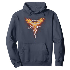He Is Risen Hoodie Jesus Resurrection Easter Christian Cross Phoenix Rising TS10 Navy Print Your Wear