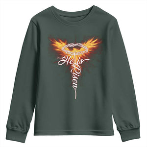 He Is Risen Youth Sweatshirt Jesus Resurrection Easter Christian Cross Phoenix Rising TS10 Dark Forest Green Print Your Wear