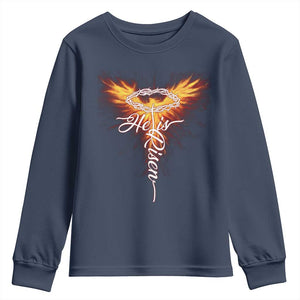 He Is Risen Youth Sweatshirt Jesus Resurrection Easter Christian Cross Phoenix Rising TS10 Navy Print Your Wear
