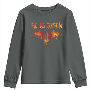 He Is Risen Youth Sweatshirt Phoenix Christian Jesus Resurrection Cross TS10 Dark Heather Print Your Wear