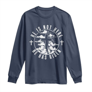 Easter Jesus Has Risen Long Sleeve Shirt Christian Bible Verse Graphic Cross 90s Style TS10 Navy Print Your Wear
