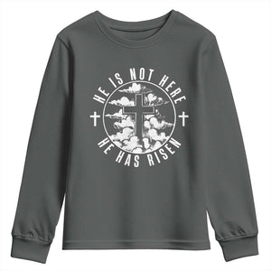 Easter Jesus Has Risen Youth Sweatshirt Christian Bible Verse Graphic Cross 90s Style TS10 Dark Heather Print Your Wear