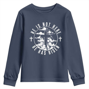 Easter Jesus Has Risen Youth Sweatshirt Christian Bible Verse Graphic Cross 90s Style TS10 Navy Print Your Wear