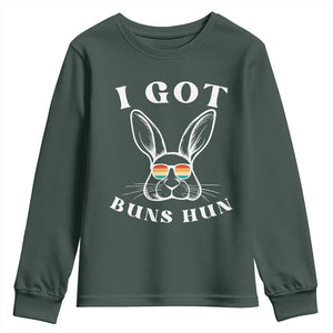 Rabbit Easter Bunny Sunglasses Youth Sweatshirt Retro Vintage I Got Buns Hun Funny Jokes TS10 Dark Forest Green Print Your Wear