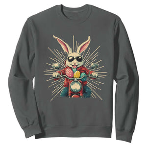 Biker Bunny Sweatshirt Retro Easter Day Rabbit Ride Motorcycles Motorbike TS10 Dark Heather Print Your Wear