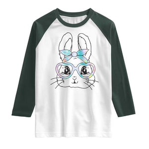 Girls Easter Bunny Raglan Shirt Rabbit Face Tie Dye Glasses Happy Easter Day TS10 White Dark Forest Green Print Your Wear