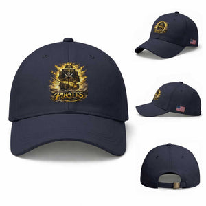 Pirate Lovers Baseball Cap Vintage Golden Pirate Ship Skull Graphic TS10 Baseball Cap Universal Fit Navy Print Your Wear