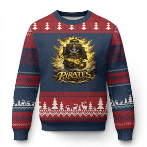 Pirate Lovers Ugly Christmas Sweater Vintage Golden Pirate Ship Skull Graphic TS10 Navy Red Print Your Wear