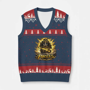 Pirate Lovers V-Neck Knit Sweater Vest Vintage Golden Pirate Ship Skull Graphic TS10 Navy Red Print Your Wear
