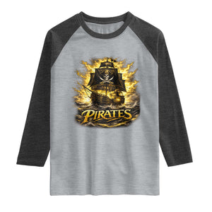 Pirate Lovers Raglan Shirt Vintage Golden Pirate Ship Skull Graphic TS10 Heather Gray Heather Charcoal Print Your Wear