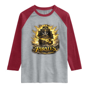 Pirate Lovers Raglan Shirt Vintage Golden Pirate Ship Skull Graphic TS10 Heather Gray Heather Red Print Your Wear