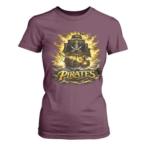 Pirate Lovers T Shirt For Women Vintage Golden Pirate Ship Skull Graphic TS10 Maroon Print Your Wear