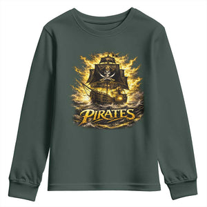 Pirate Lovers Youth Sweatshirt Vintage Golden Pirate Ship Skull Graphic TS10 Dark Forest Green Print Your Wear