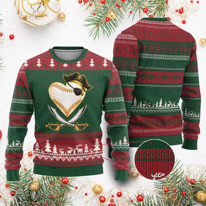 Baseball Pirate Ugly Christmas Sweater Baseball Heart With Skull TS10 Red Green Print Your Wear