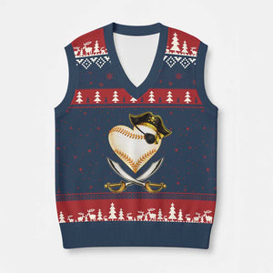 Baseball Pirate V-Neck Knit Sweater Vest Baseball Heart With Skull TS10 Navy Red Print Your Wear