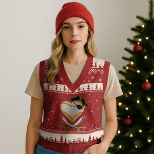 Baseball Pirate V-Neck Knit Sweater Vest Baseball Heart With Skull TS10 Red Beige Print Your Wear