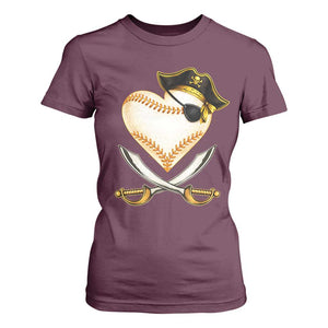 Baseball Pirate T Shirt For Women Baseball Heart With Skull TS10 Maroon Print Your Wear