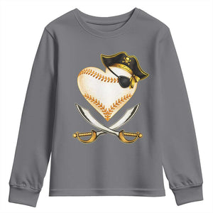 Baseball Pirate Youth Sweatshirt Baseball Heart With Skull TS10 Charcoal Print Your Wear