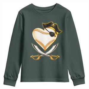 Baseball Pirate Youth Sweatshirt Baseball Heart With Skull TS10 Dark Forest Green Print Your Wear